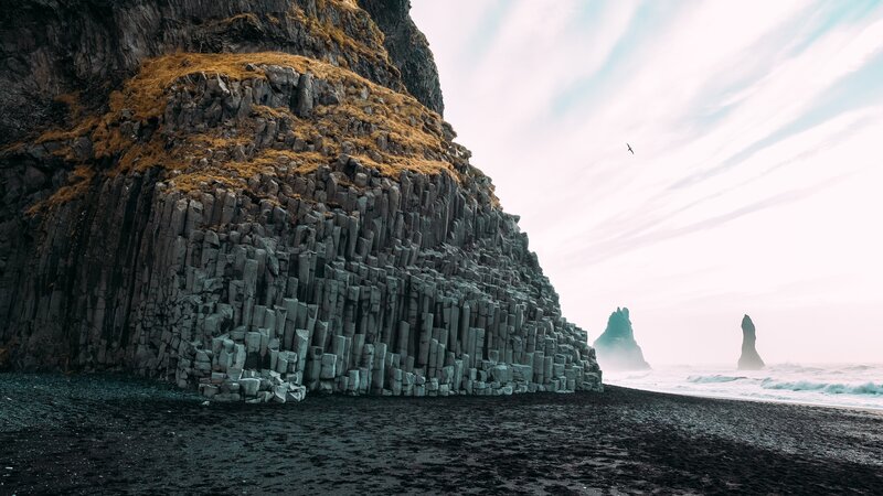 Black Sand Beach with Basalt Columns