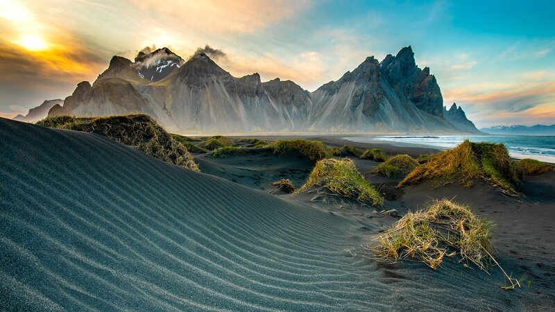 Black Sand Beach with Mountains — Blue, Dramatic, Sunset