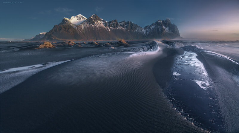 Black Sand Beach with Mountains — Blue, Dramatic