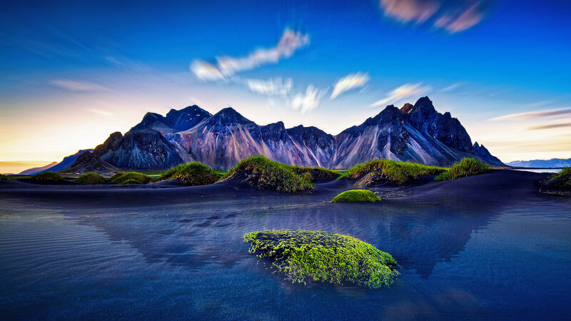 Black Sand Beach with Mountains — Blue, Serene