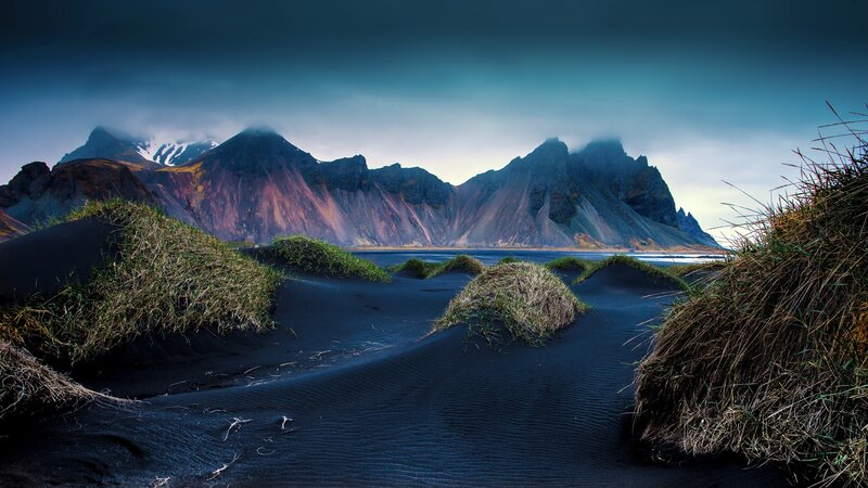 Black Sand Beach with Mountains — Dramatic, Morning