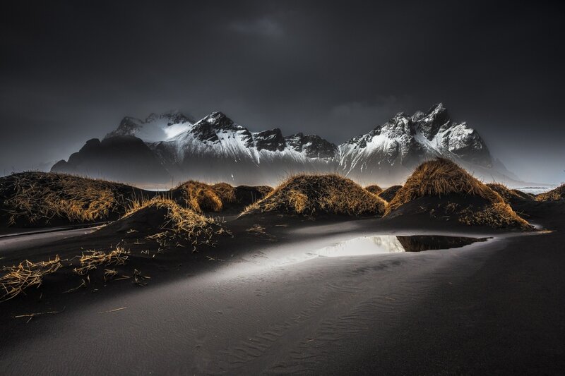 Black Sand Beach with Mountains — Dramatic, Night