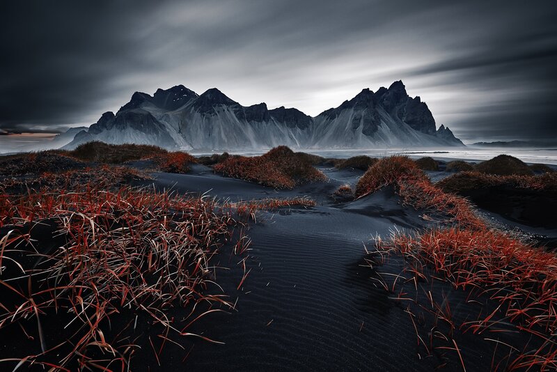 Black Sand Beach with Mountains — Dramatic, Sunset, Photograph, Sand Dunes