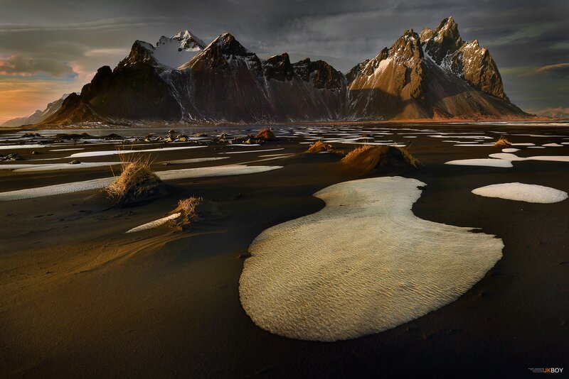 Black Sand Beach with Mountains — Dramatic, Sunset, Photograph