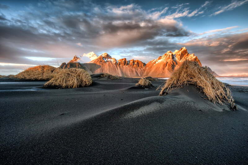 Black Sand Beach with Mountains — Dramatic, Sunset