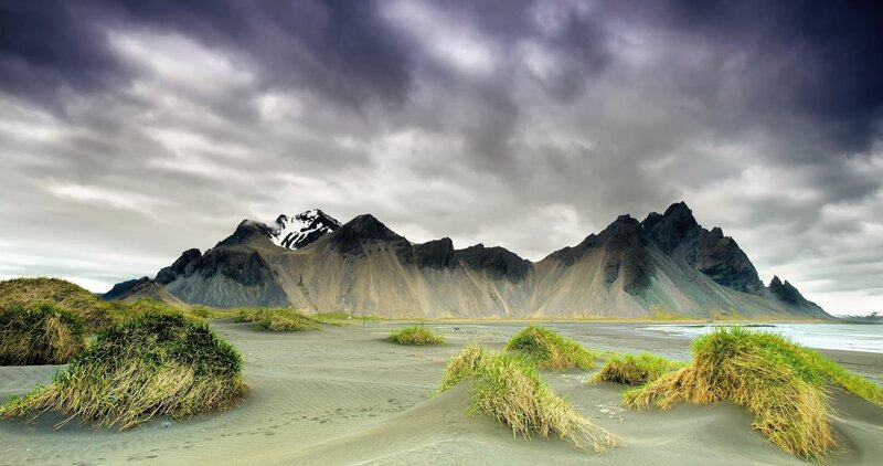 Black Sand Beach with Mountains — Gray, Dramatic, Photograph