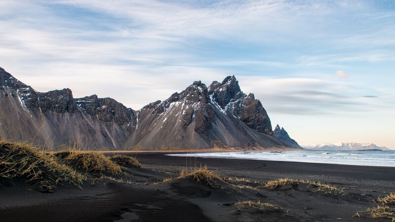 Black Sand Beach with Mountains — Serene, Morning