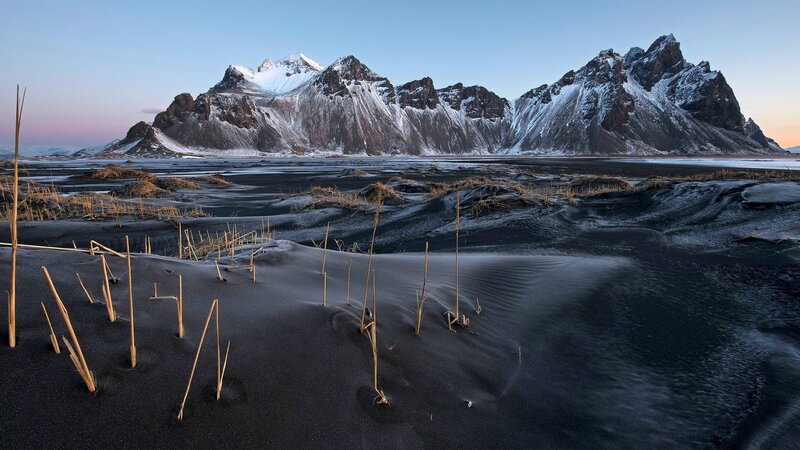 Black Sand Beach with Mountains — Serene, Sunset