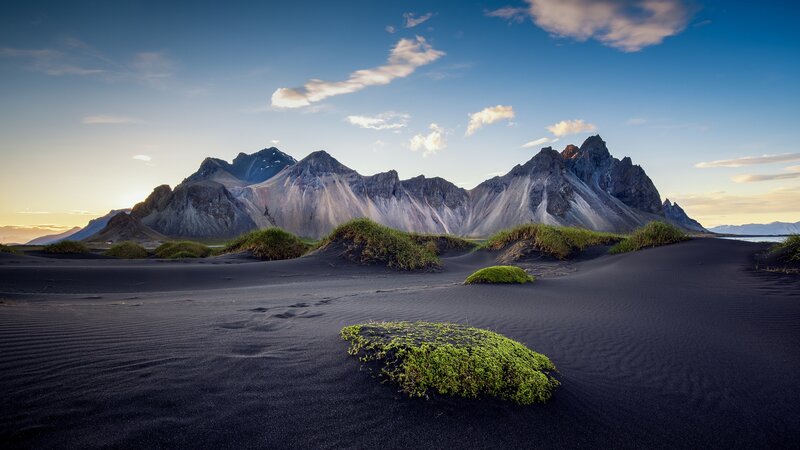 Black Sand Beach with Mountains — Serene