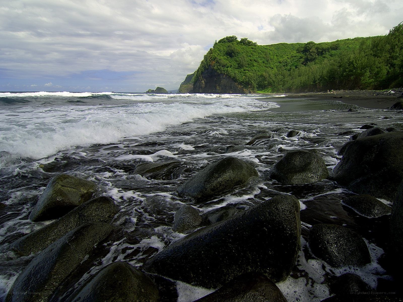 Black sand beach with ocean waves