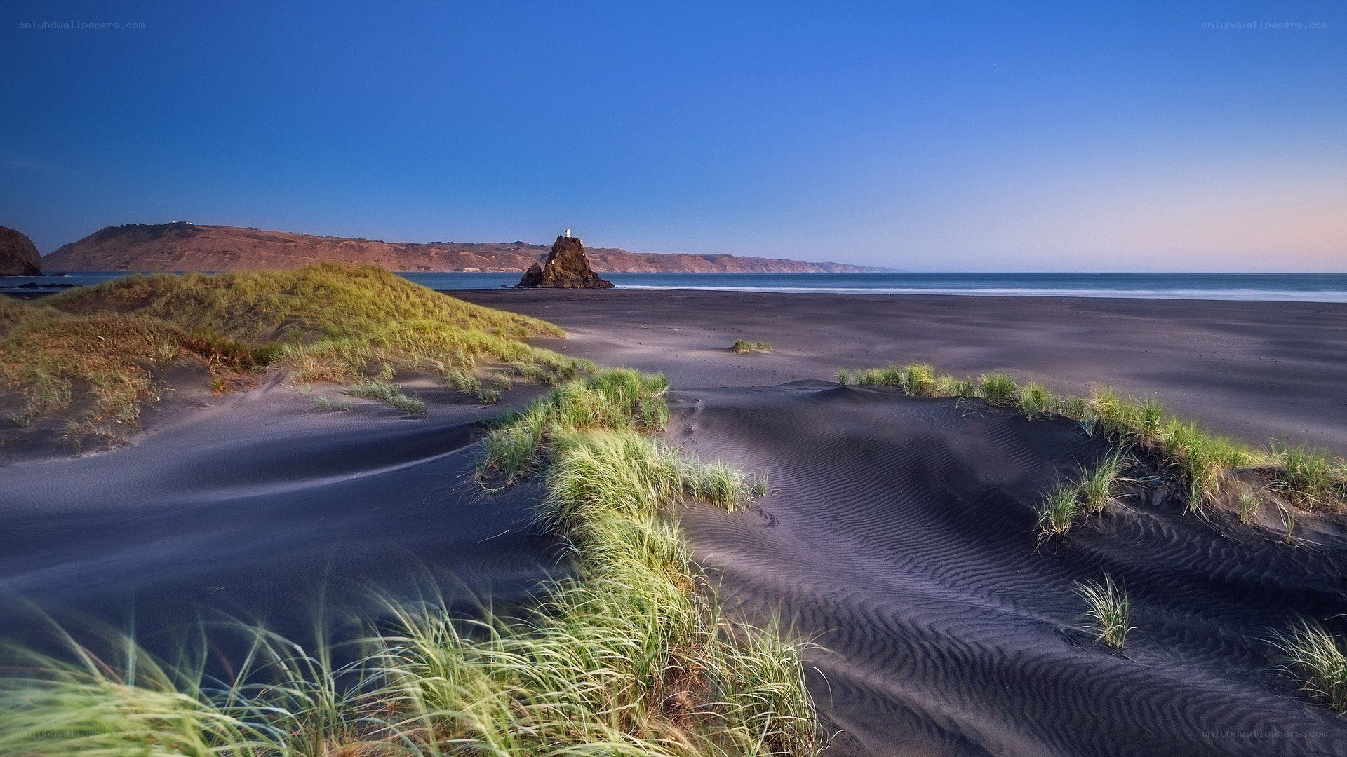Black sand beach with sea stack