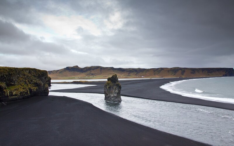 Black Sand Beach with Sea Stack — Dramatic