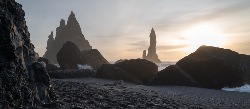 Black Sand Beach with Sea Stacks — Dramatic, Sunset