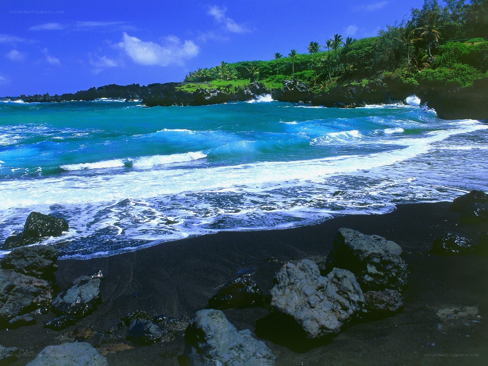 black sand beach with turquoise waves