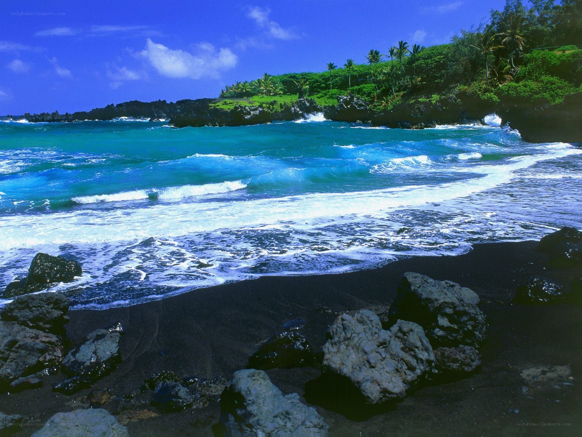 black sand beach with turquoise waves