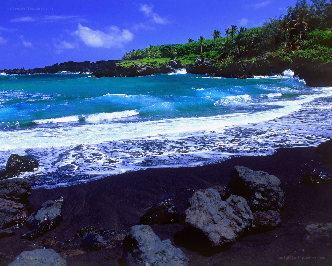 black sand beach with turquoise waves