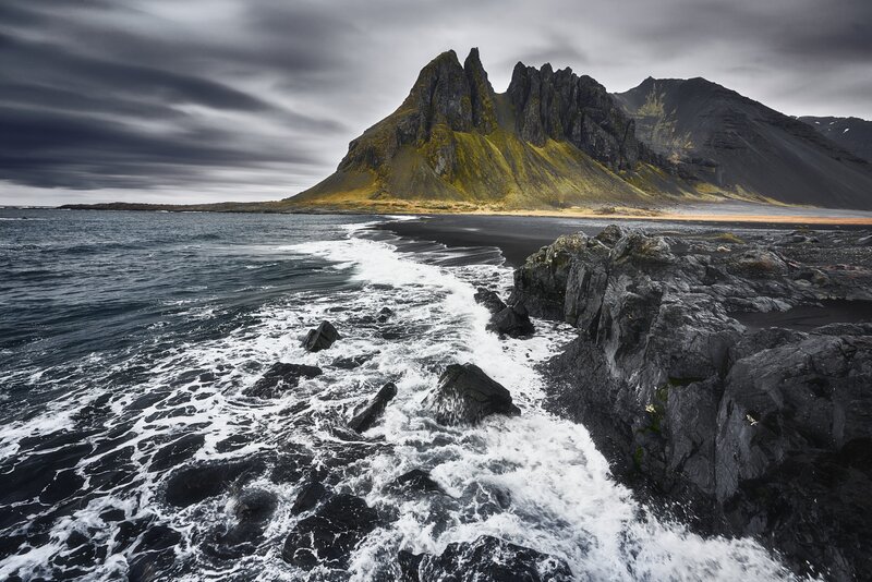 Black Sand Beach with Waves — Dramatic