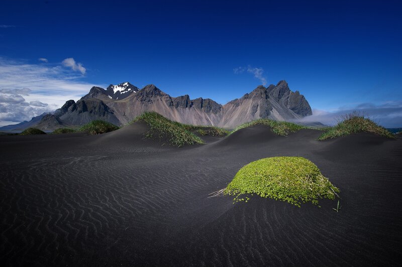 Black Sand Dunes with Mountains — Dramatic, Afternoon
