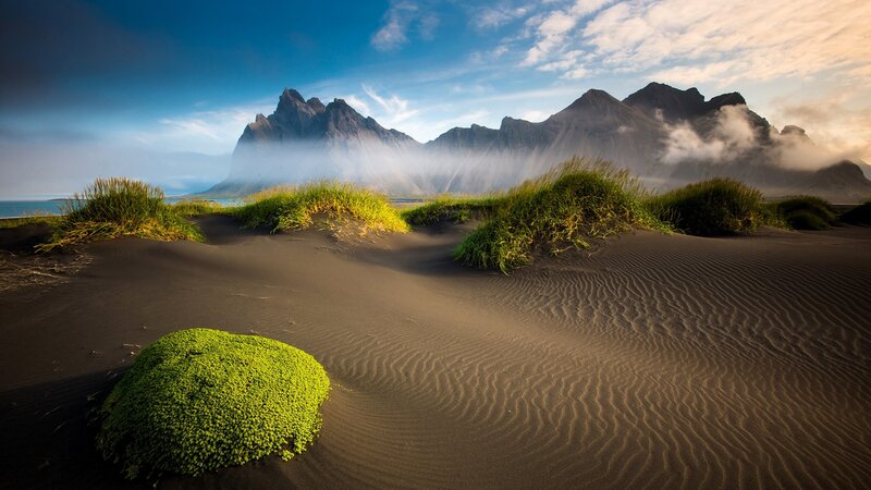 Black Sand Dunes with Mountains — Serene, Morning, Photograph