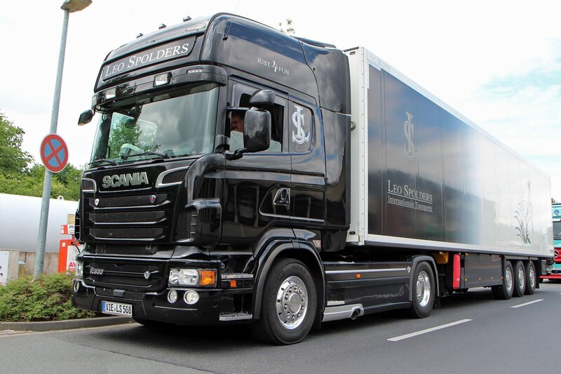 Black Scania truck with Leo Spolders branding