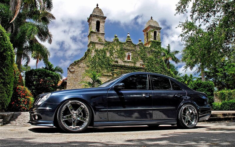Black Sedan Car — Dramatic, Afternoon, Photograph, Old Church, Palm Trees