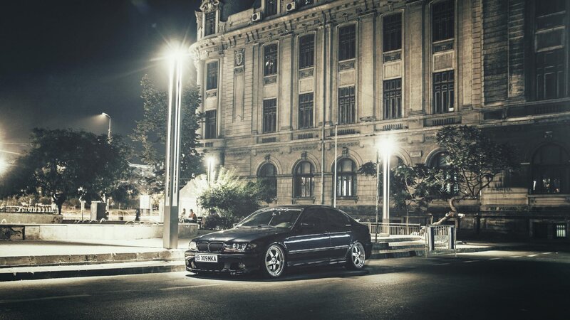 Black Sedan Car — Dramatic, Night, Photograph, Building