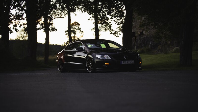 Black Sedan Car — Dramatic, Sunset, Photograph, Trees
