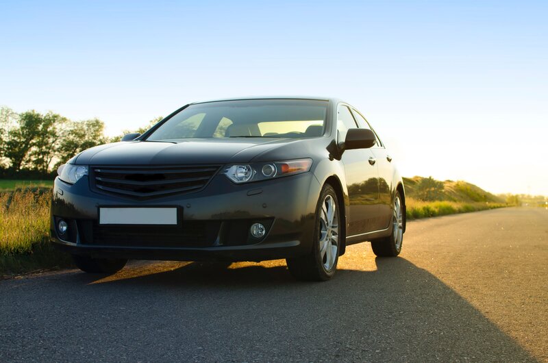 Black Sedan Car — Gray, Serene, Sunset, Photograph