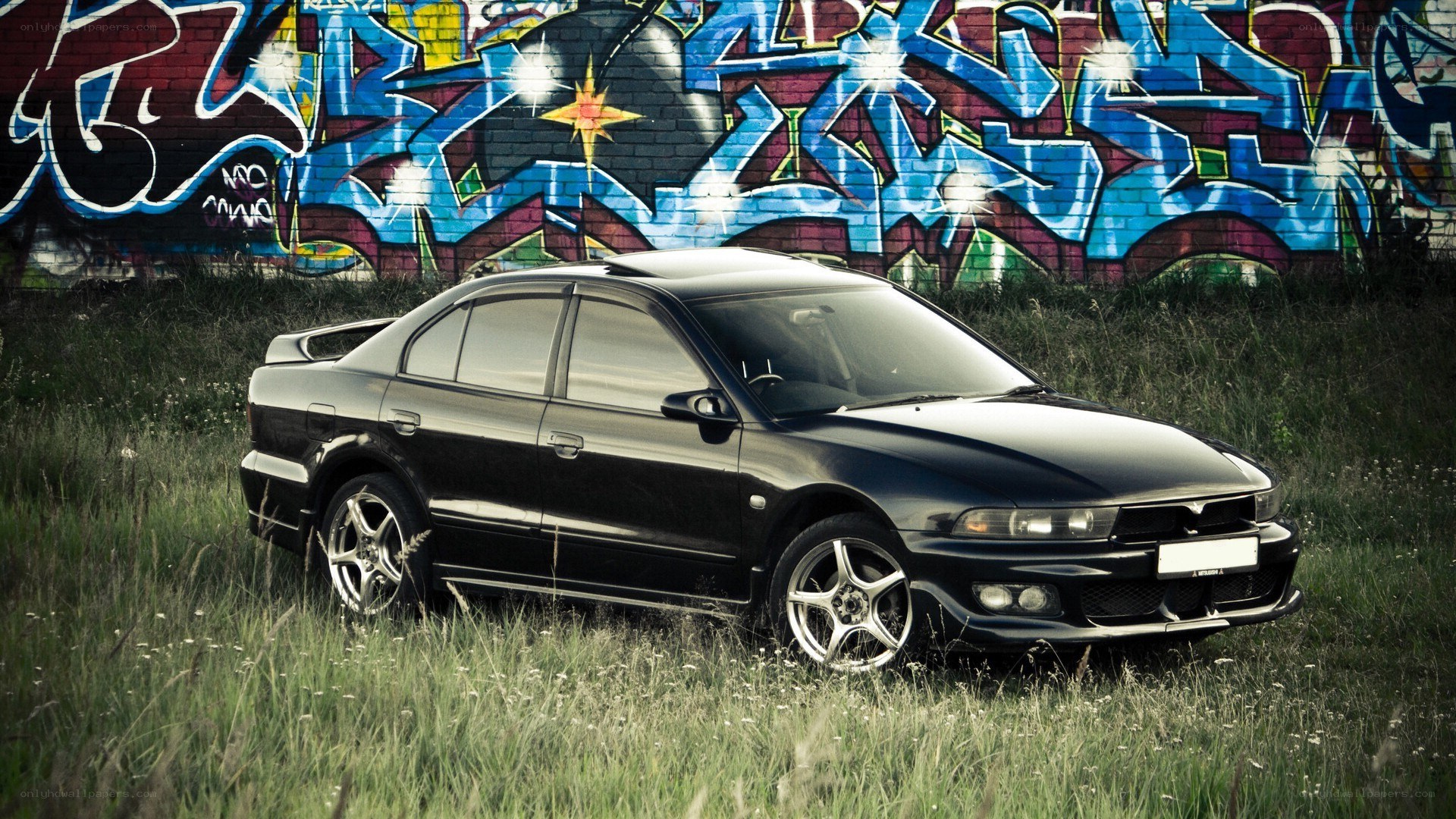 Black sedan in grassy field