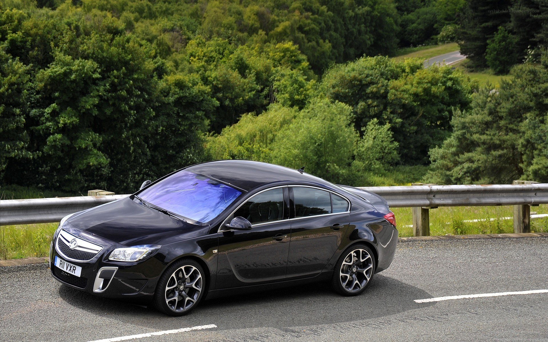 Black sedan on a forest road