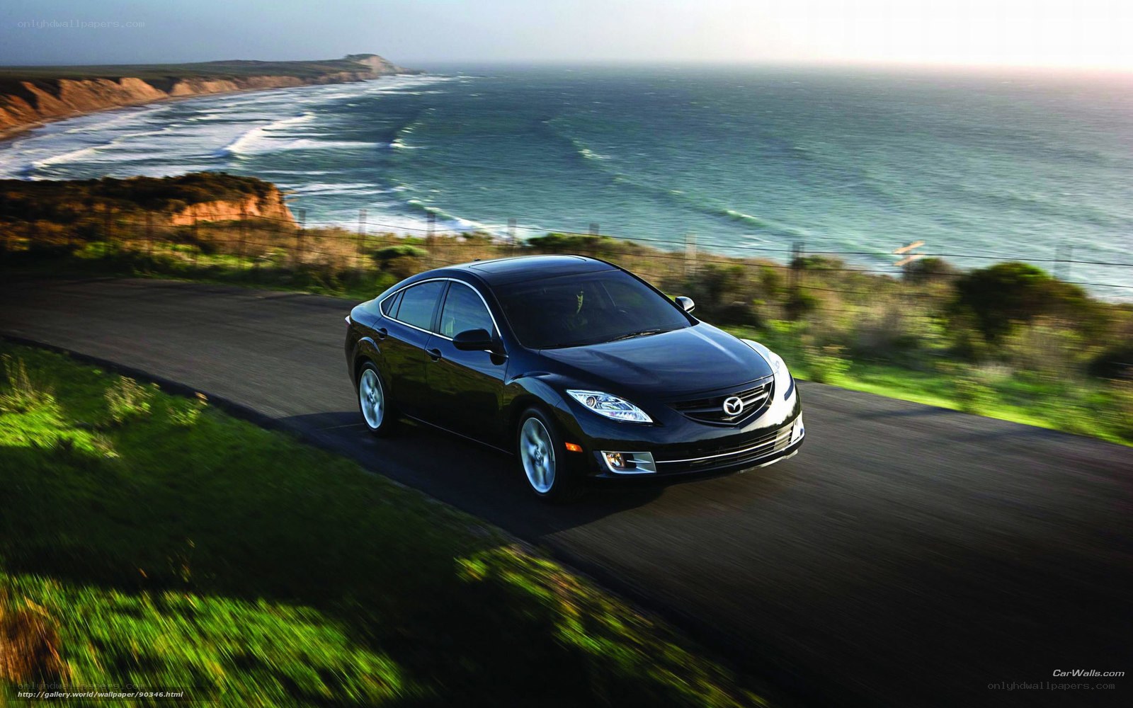 Black sedan on coastal road