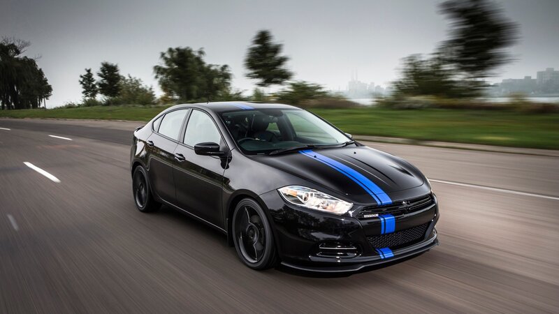 black sedan with blue stripes