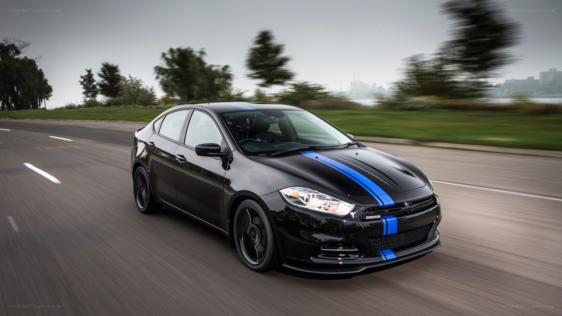 black sedan with blue stripes