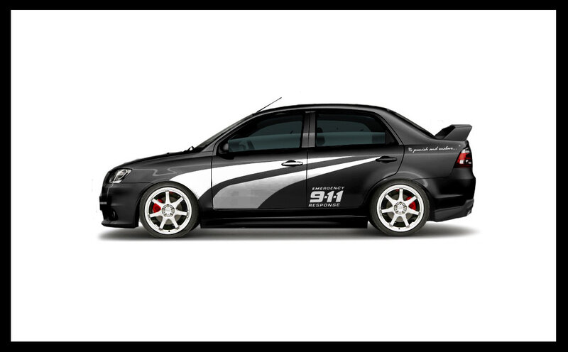 black sedan with custom graphics