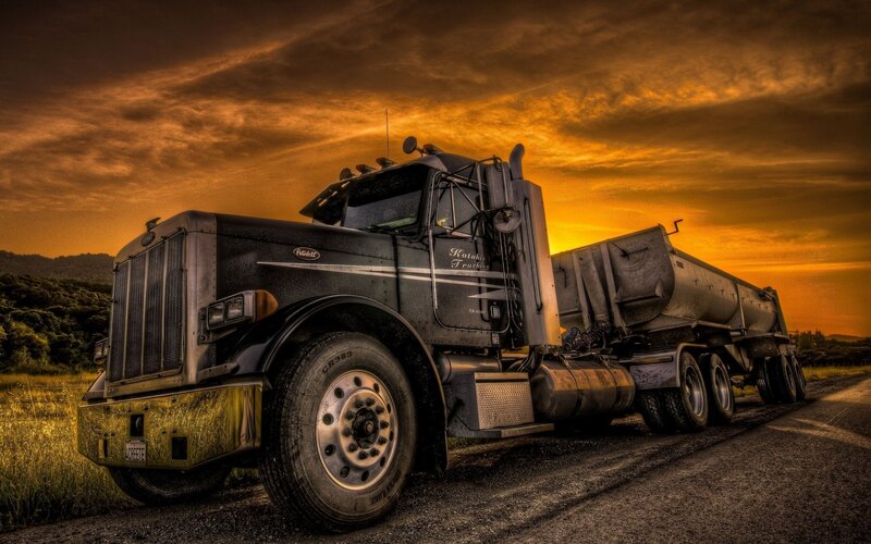 Black Semi-truck — Orange, Dramatic, Sunset