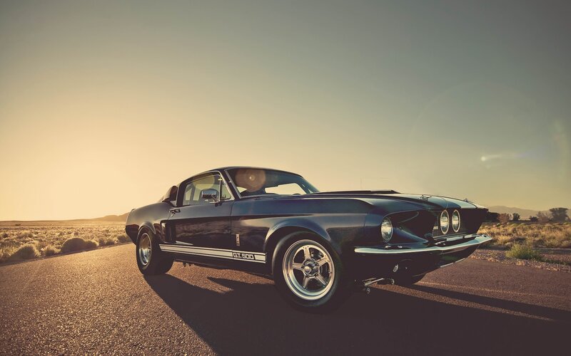 Black Shelby GT500 on desert road