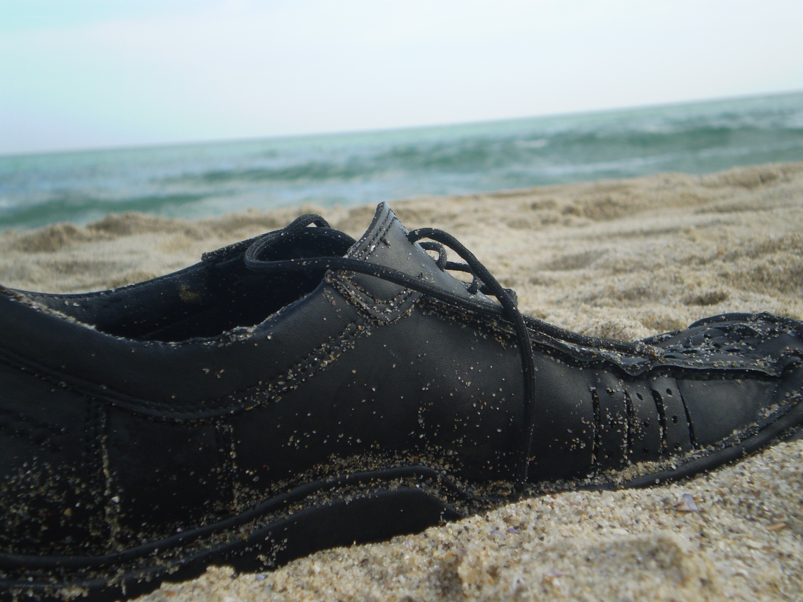 Black shoe on sandy beach