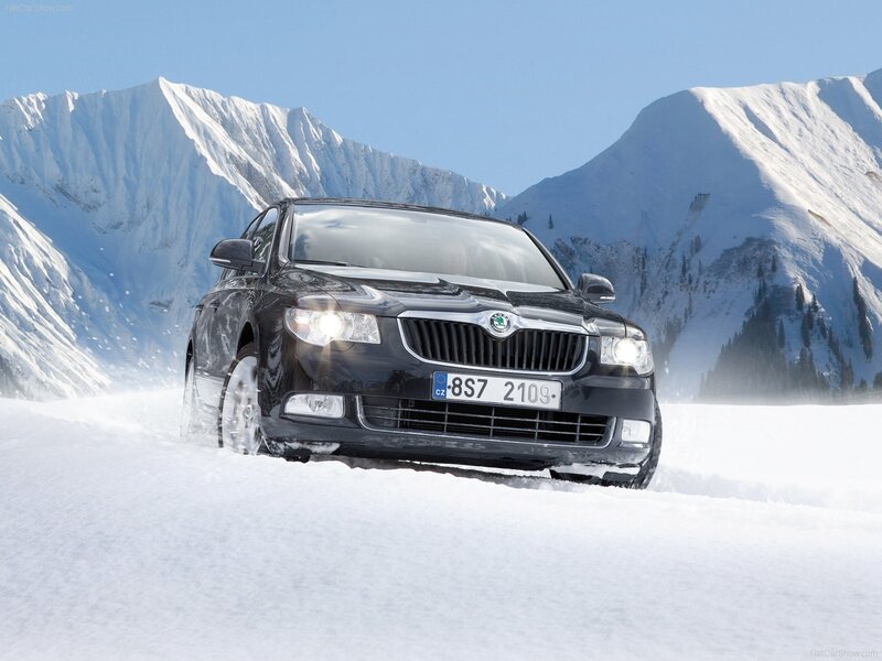 Black Skoda in snowy mountains