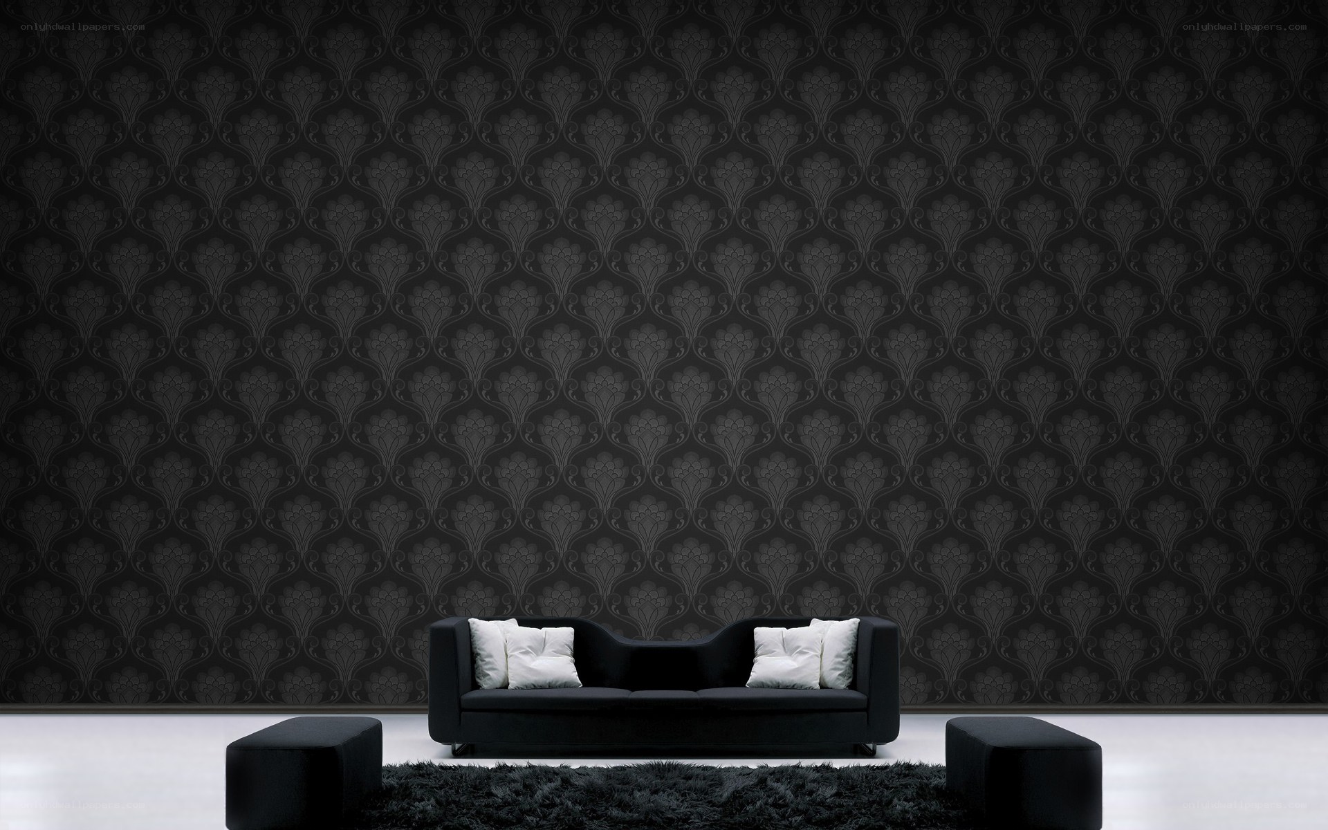 black sofa in patterned room