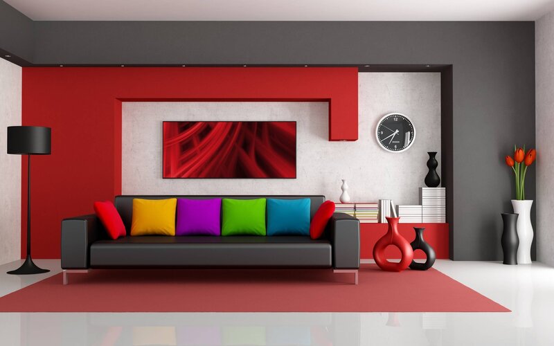 Black Sofa with Colorful Pillows — Red
