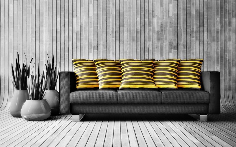 Black Sofa with Yellow Pillows — Modern