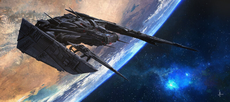 Black Spaceship in Orbit — Blue, Dramatic