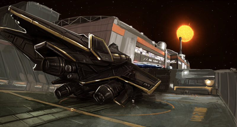 Black Spaceship on Platform — Dramatic