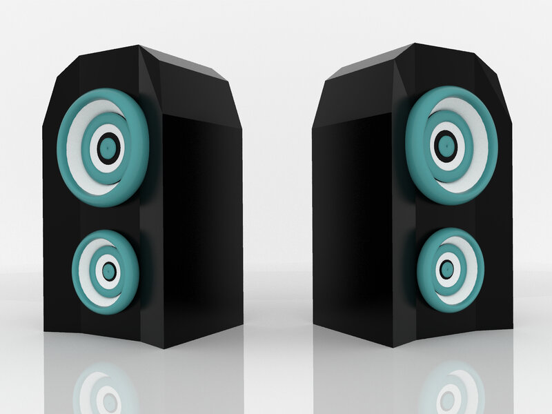 black speakers with teal drivers