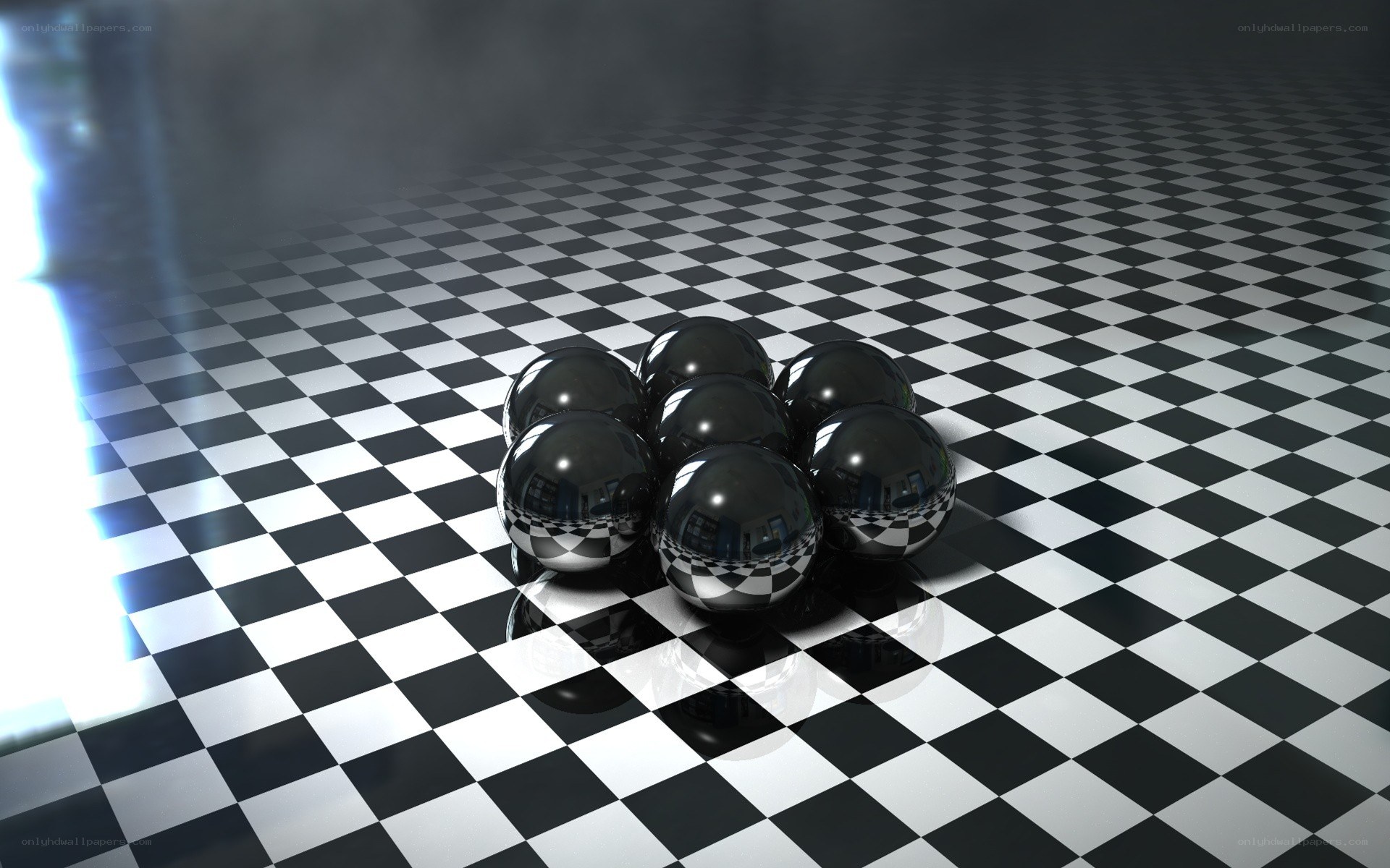 black spheres on checkered floor