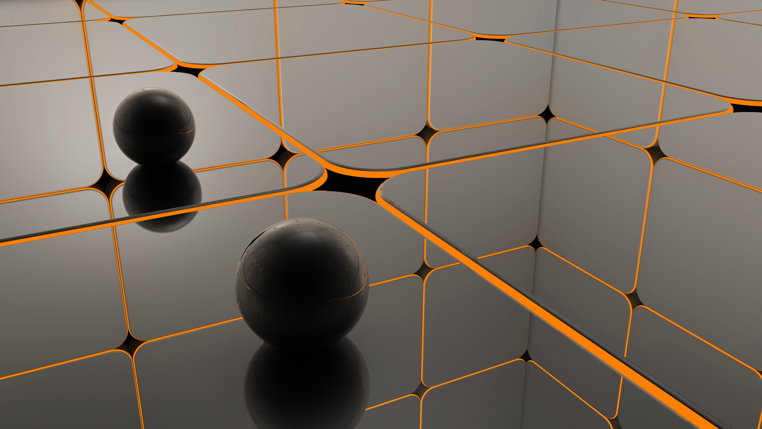 black spheres on reflective grid