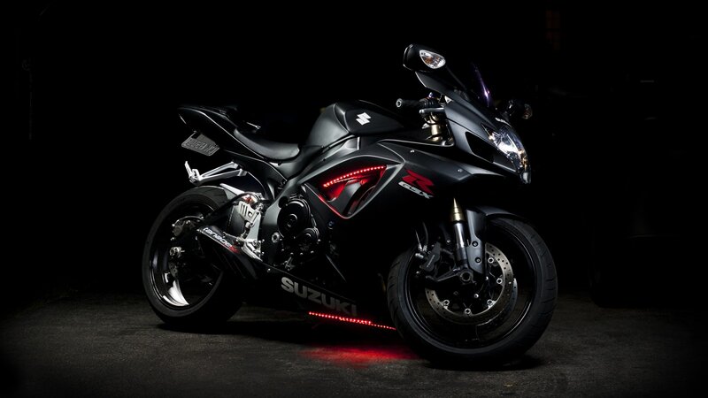 Black Sport Motorcycle — Dramatic, Night, Photograph, Red Lights, Headlight
