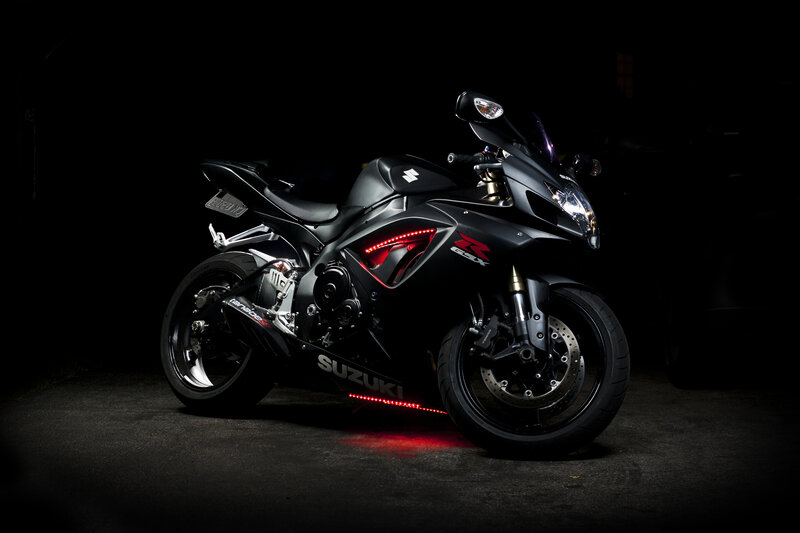 Black Sport Motorcycle — Dramatic, Night, Photograph, Red Lights