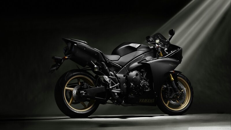 Black Sport Motorcycle — Dramatic, Photograph, Spotlight, Gold Wheels