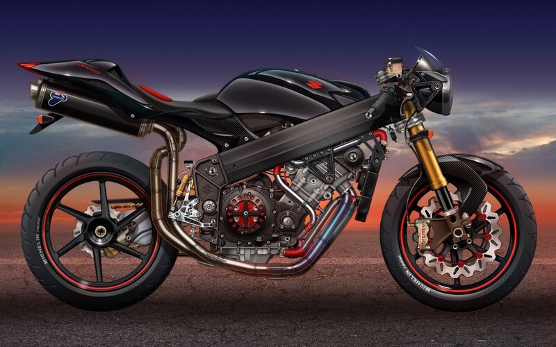 Black Sport Motorcycle — Dramatic, Sunset, Digital Art
